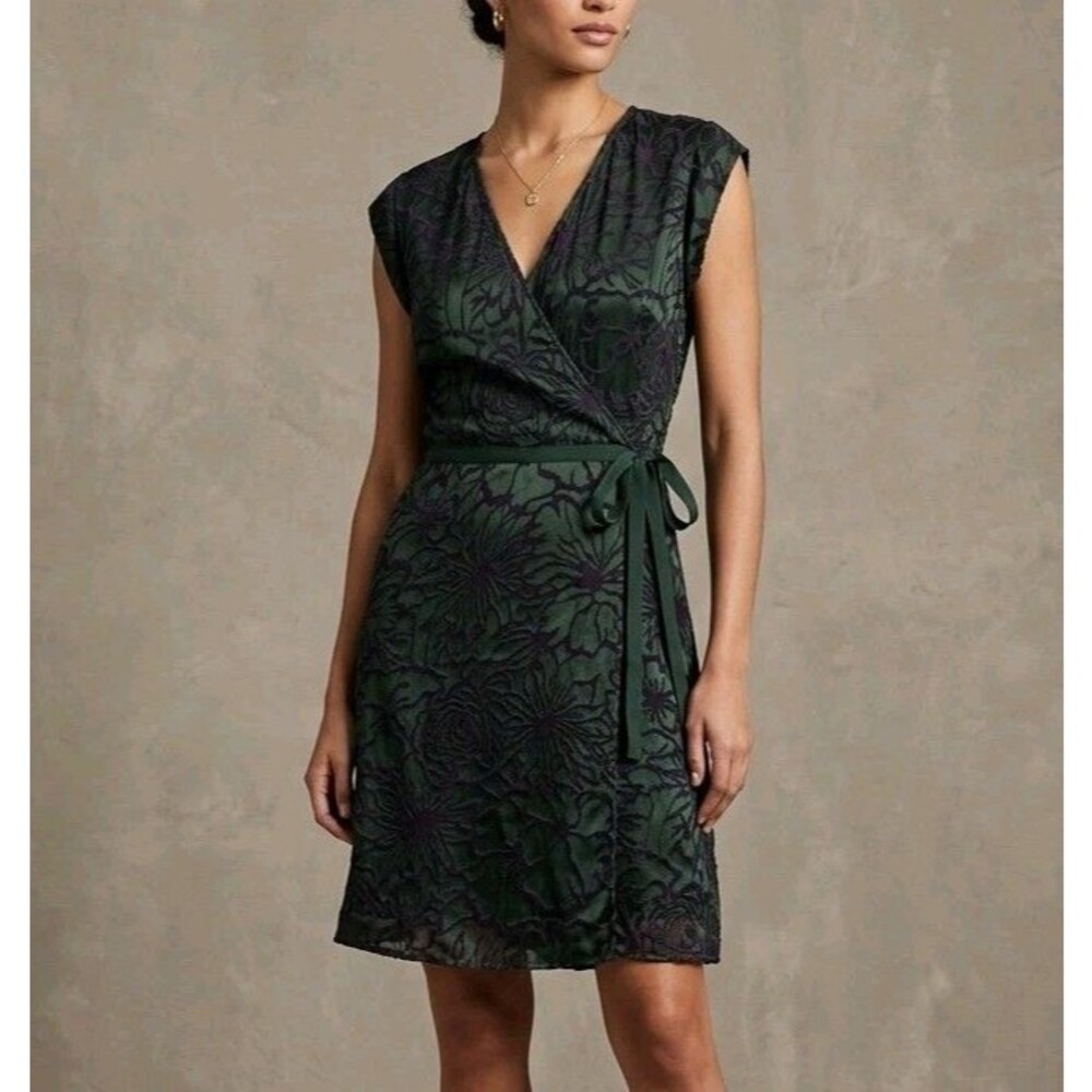 Jigsaw Velvet Burnout Wrap Dress Womens 14 Purple Green Floral Lined Whimsigoth